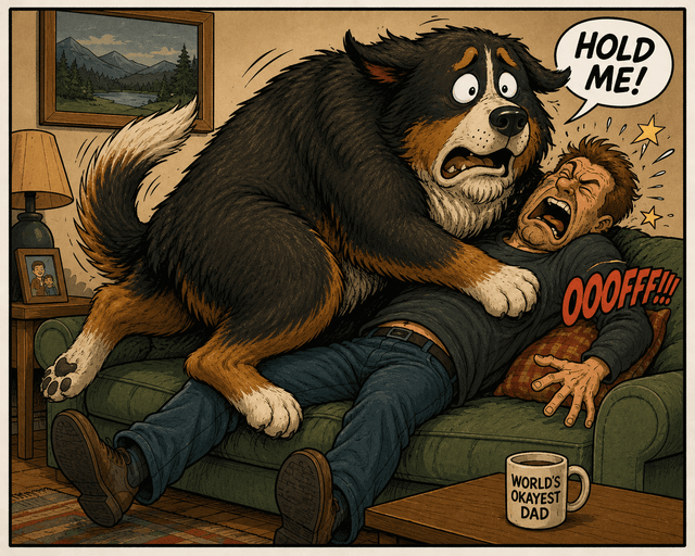 Cartoon showing large dog on owners lap and panicking