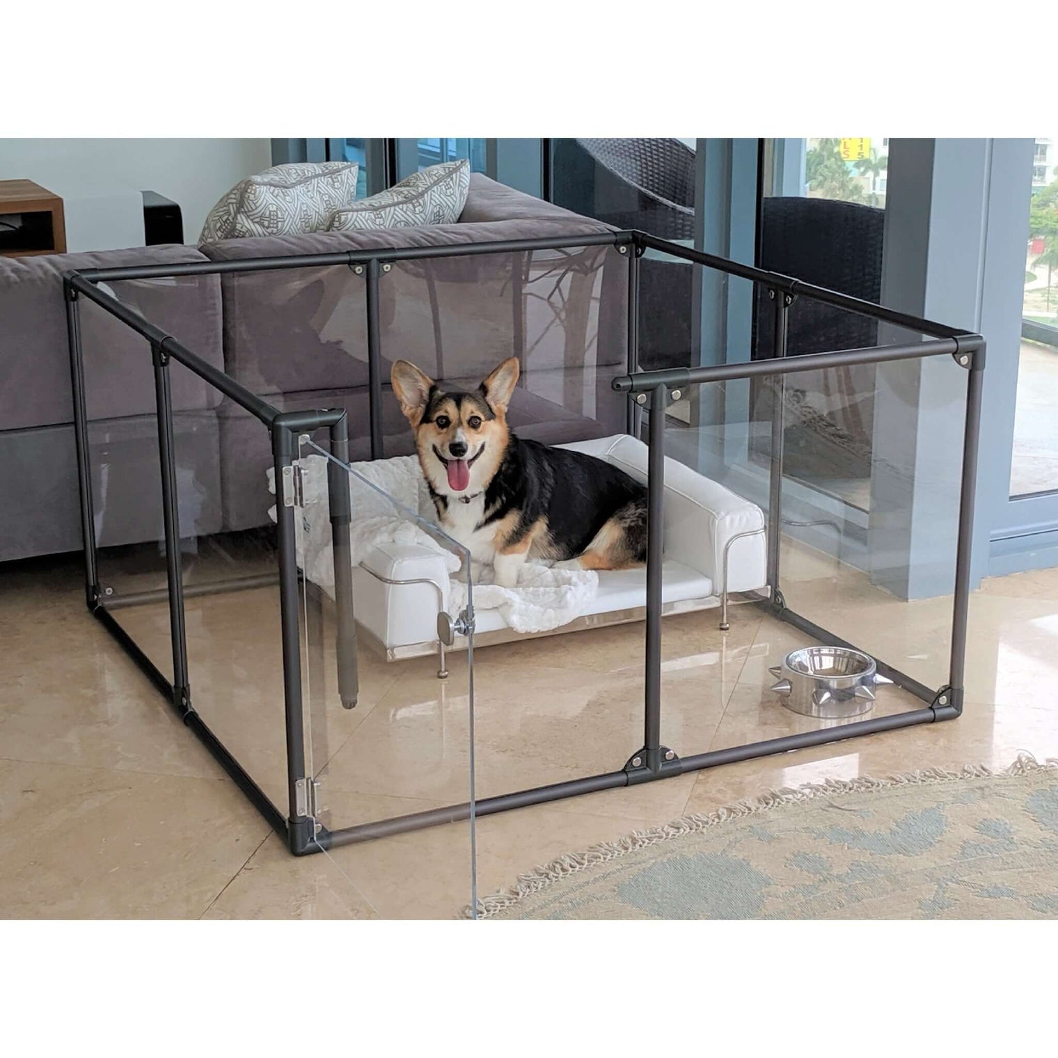 Corgi dog sitting inside 27" medium gunmetal Lucidium pet pen