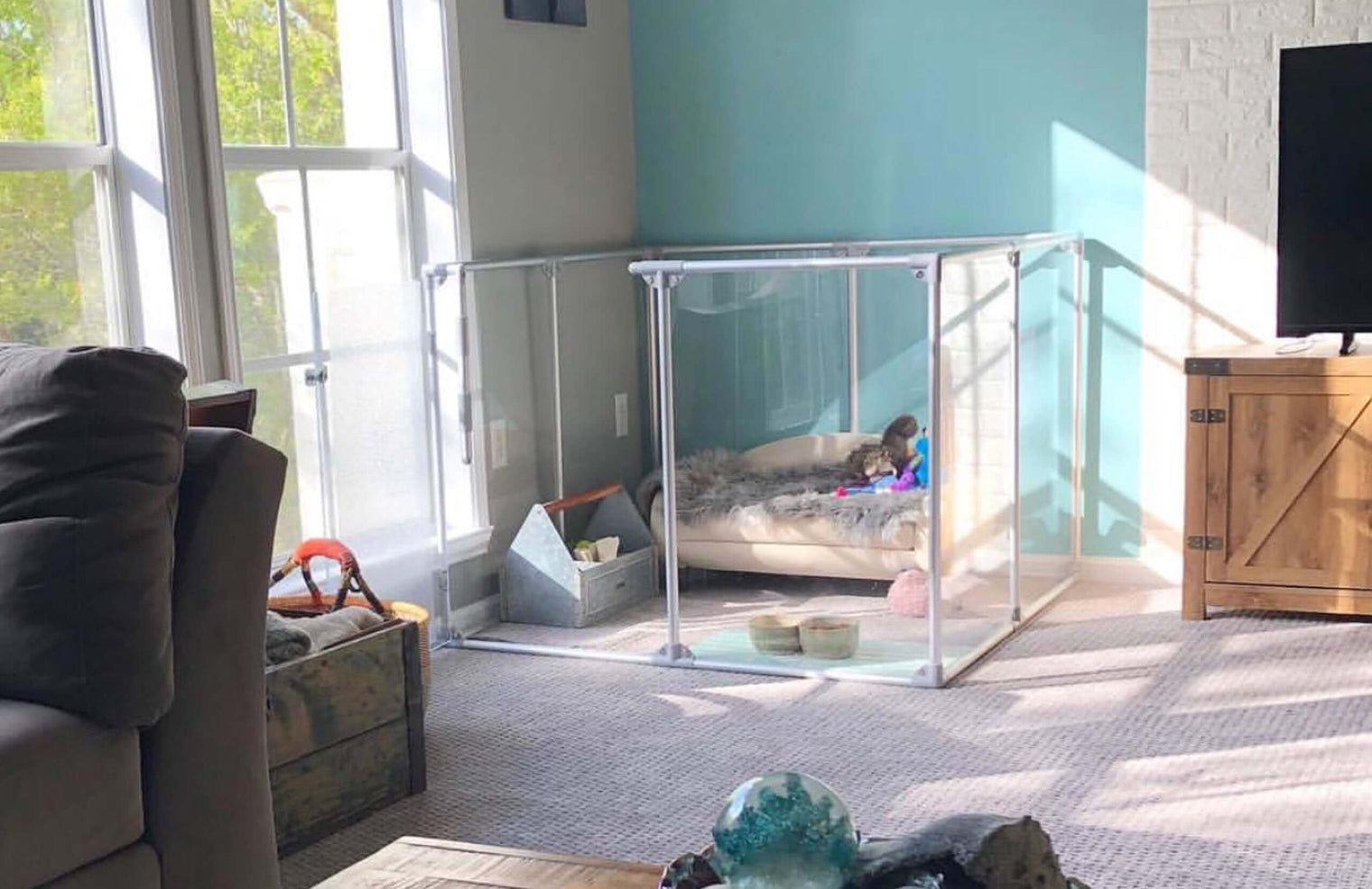 36 inch height medium dog pen in silver color in corner of living room.