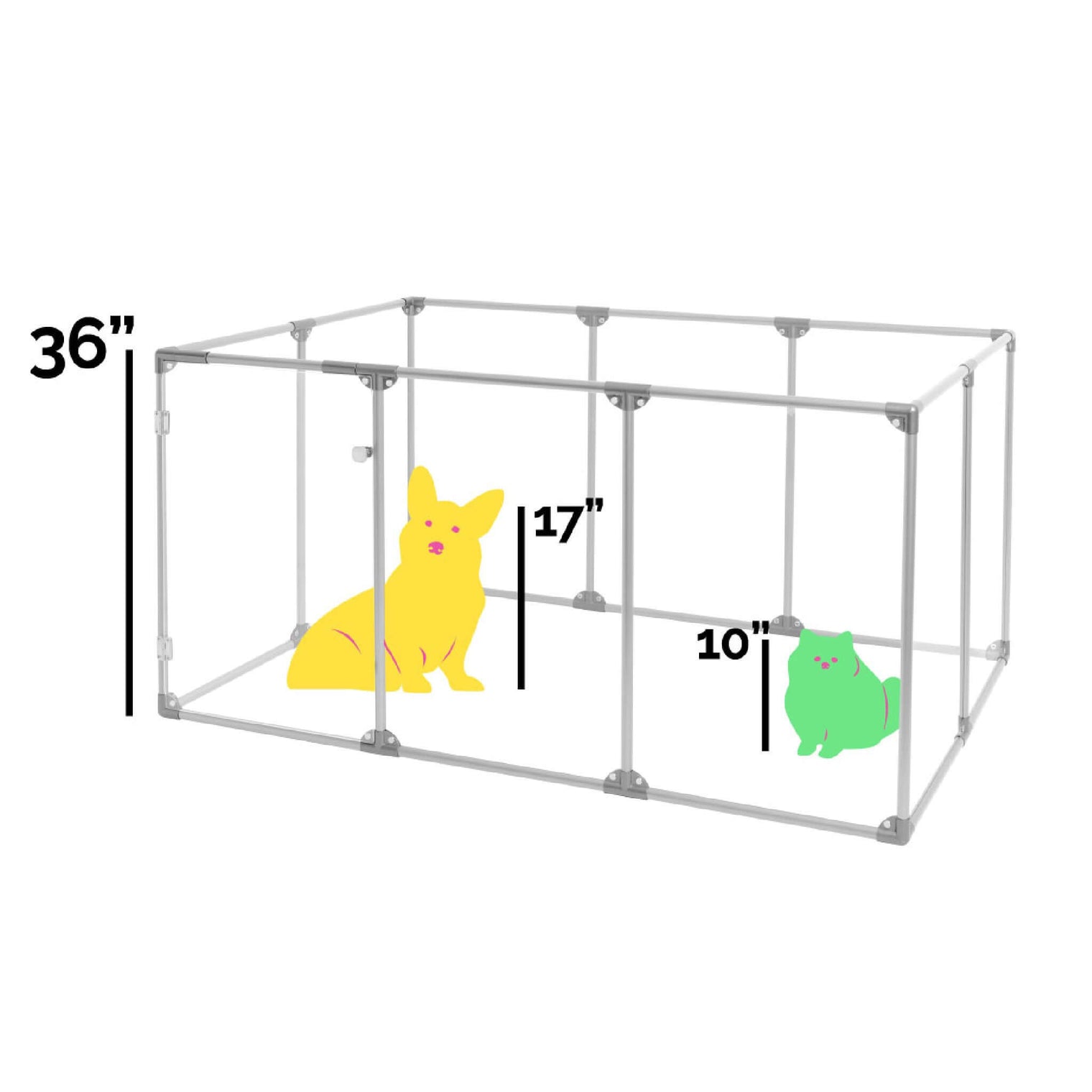 36" Tall Medium Lucidium Pet Pen shown with illustrated dog and cat