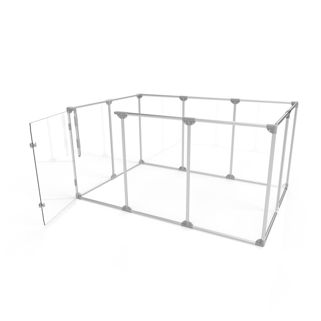 36 inch height large dog pen in silver color with walk through door open
