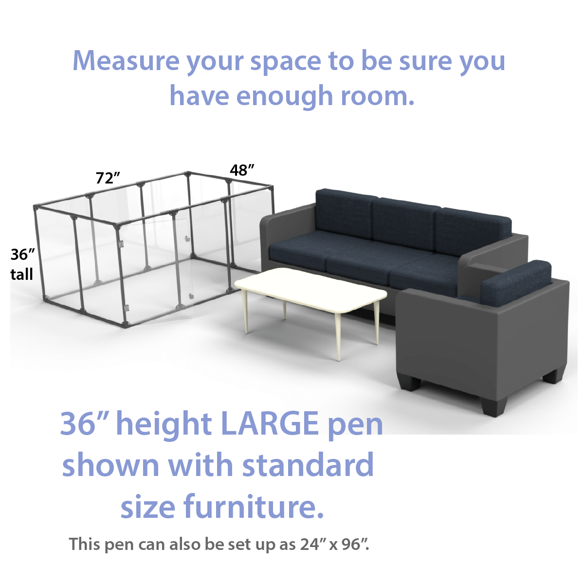 36" Tall Large Lucidium Pet Pen shown next to standard size living room furniture