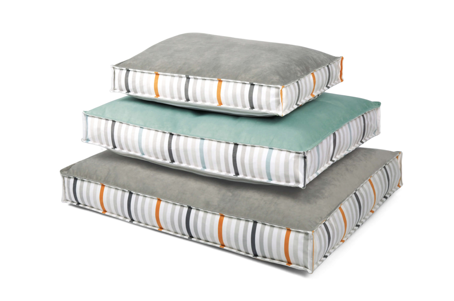 Three stacked P.L.A.Y. Seaside Boxy Beds with contemporary striped design and reversible cover for dogs. Striped dog bed in different sizes.