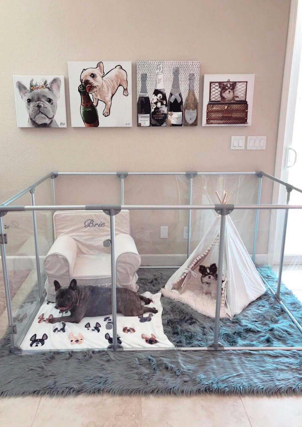 36 inch height large dog pen in silver color with Frenchie and small dog inside pet teepee.