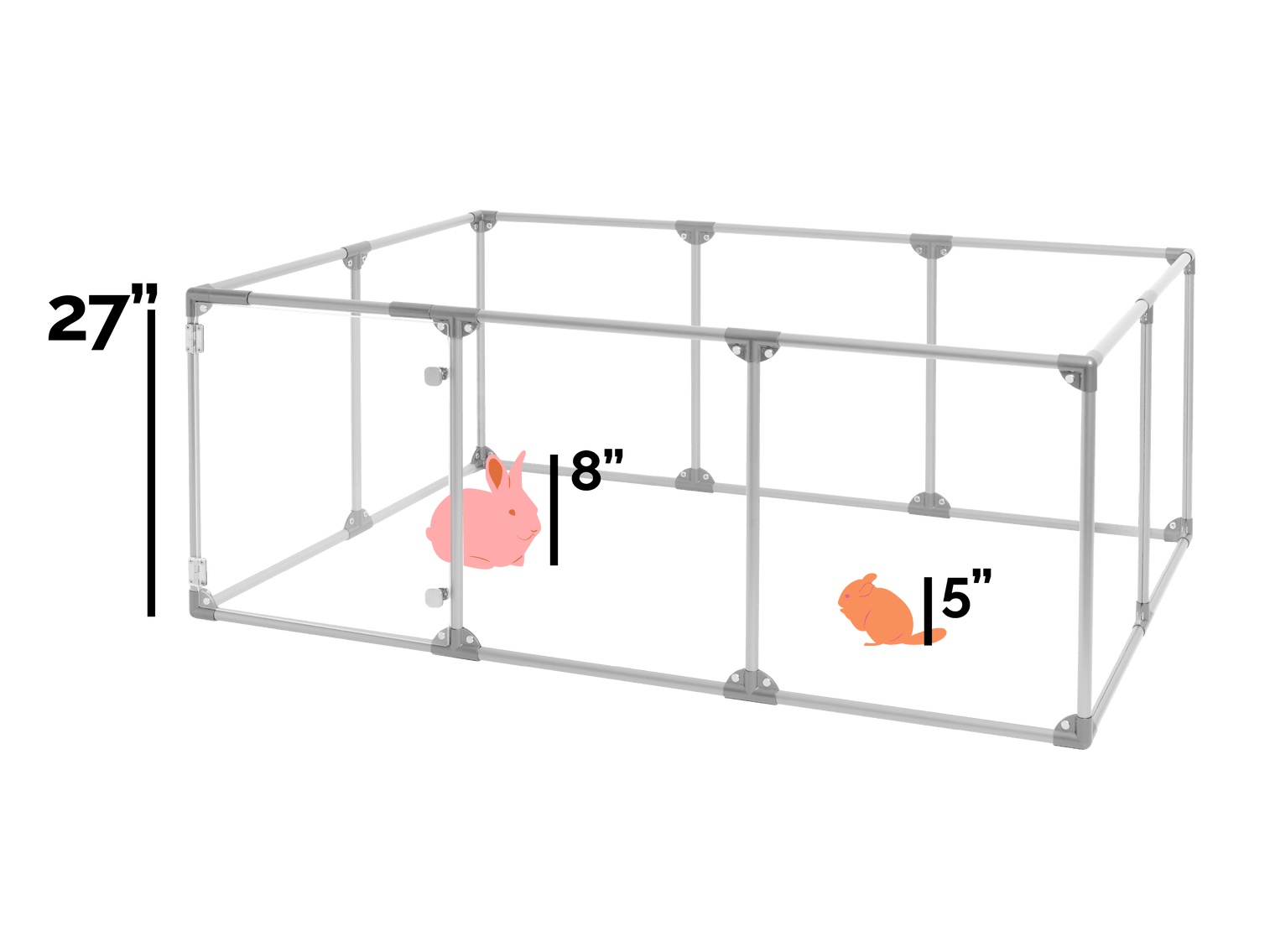 27 inch height large dog pen in silver color shown relative to rabbit and small mammal