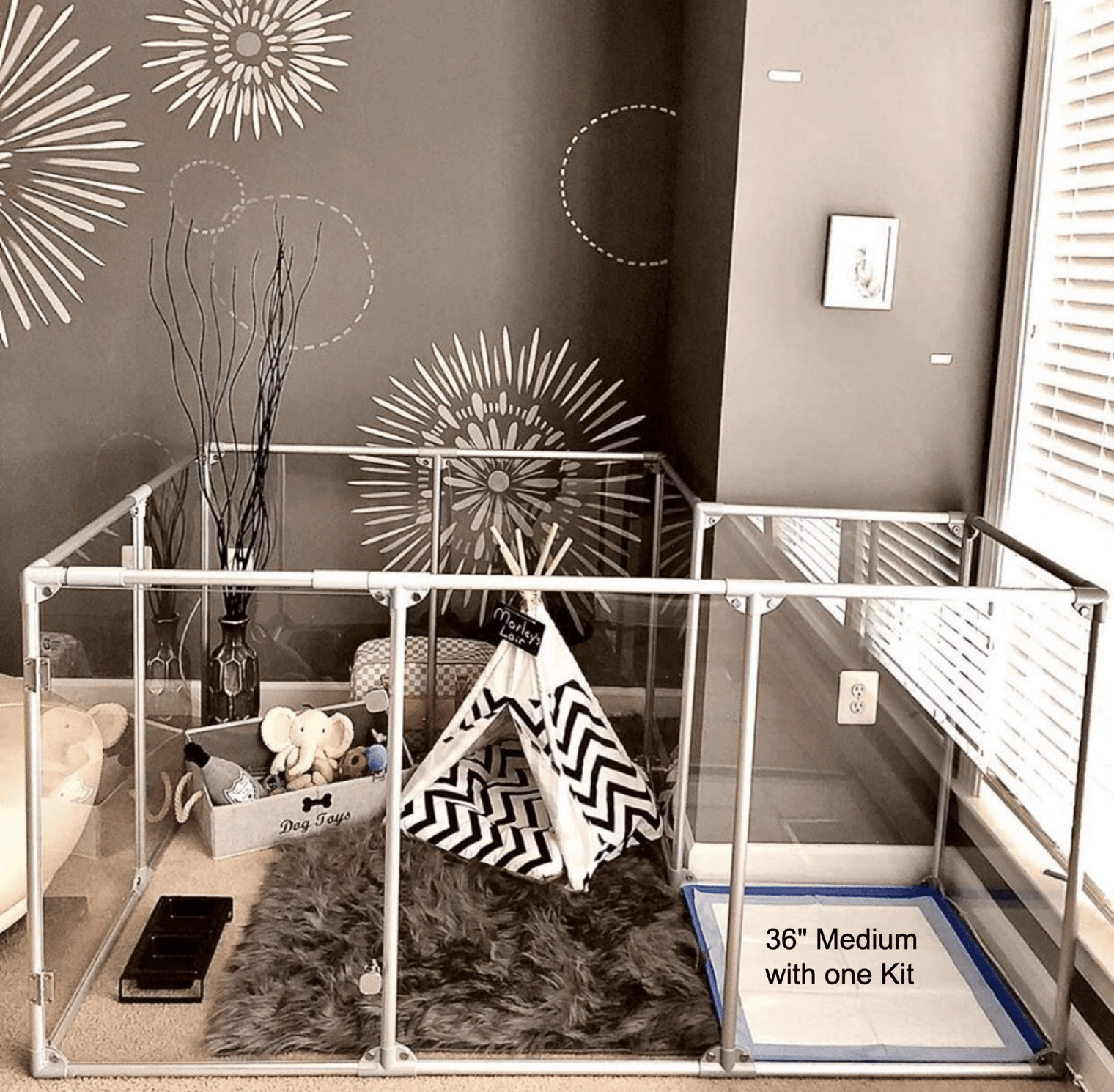 Modern, silver and clear pet pen featuring the Lucidium Pen Universal Add-On Kit used to make a bump out area
