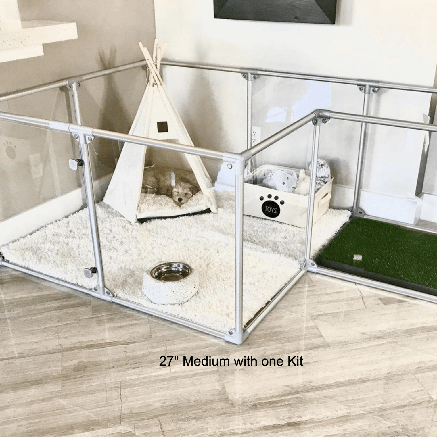 Puppy sleeping in teepee inside play pen featuring the Lucidium Pen Universal Add-On Kit