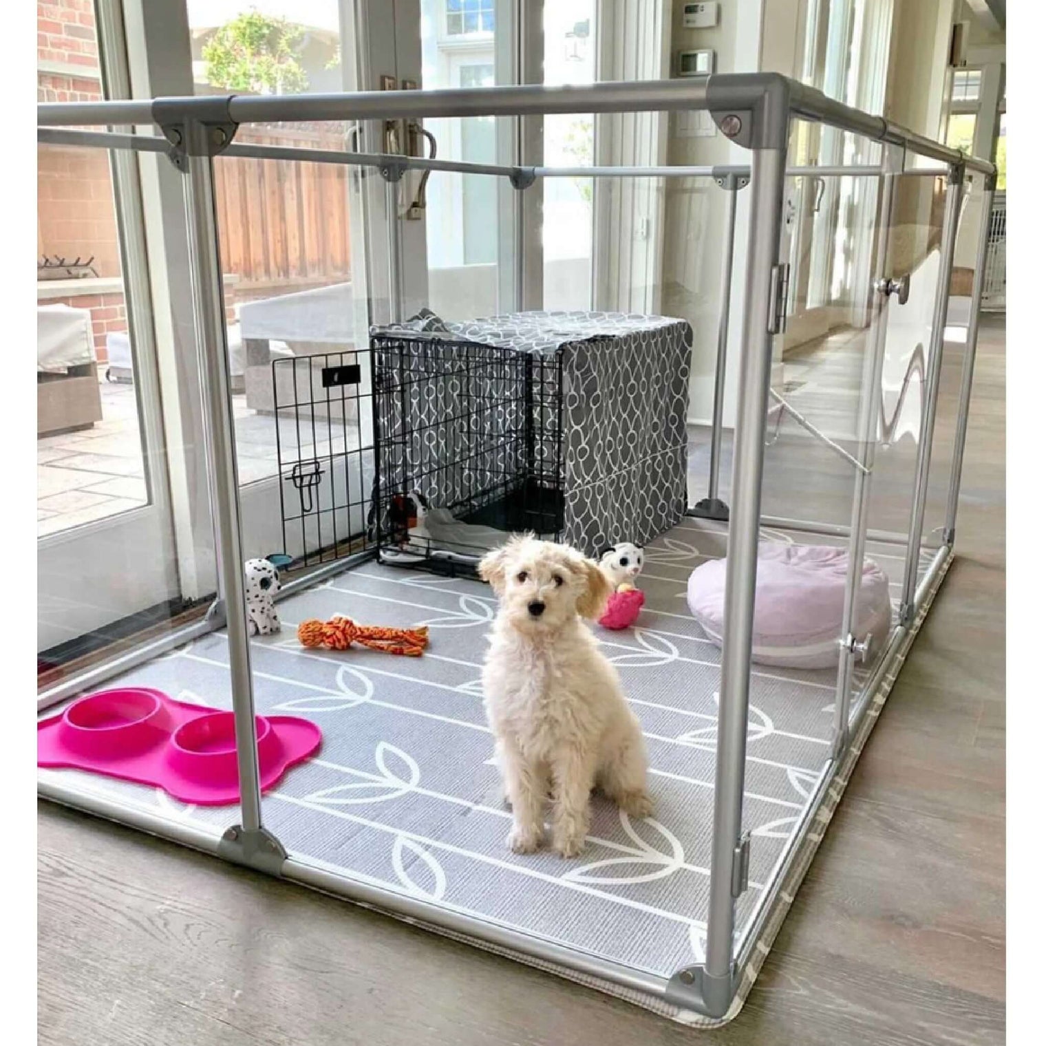 36 inch height large dog pen in silver color with medium breed dog, furnished with crate and toys.