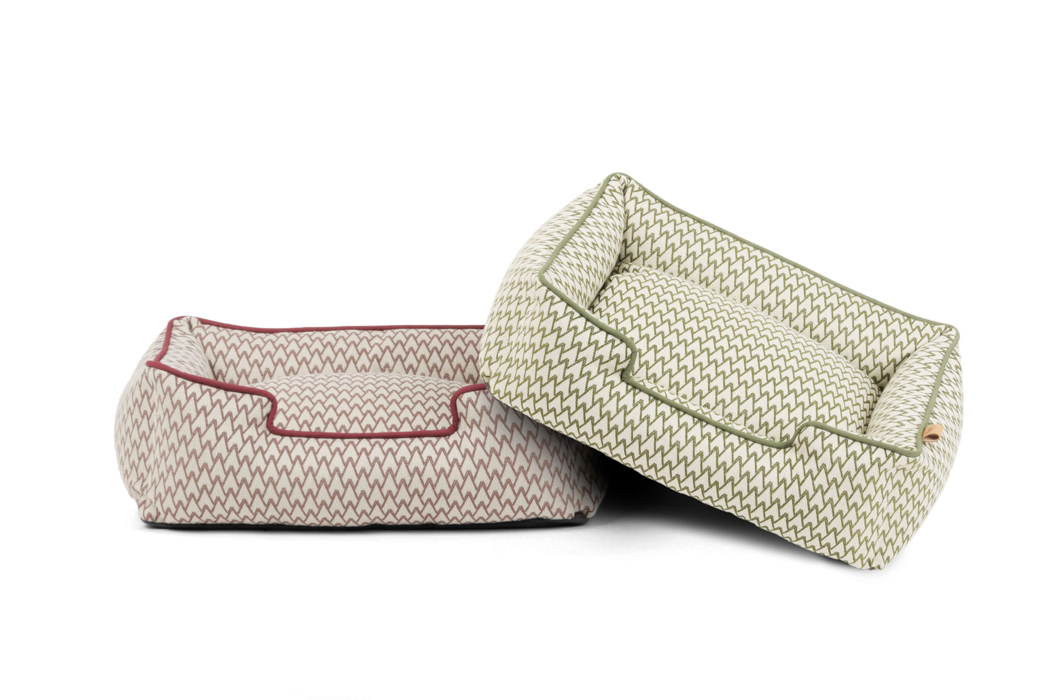 P.L.A.Y. Vineyard Lounge Beds in bolster style for dogs, featuring rich cabernet red and soothing olive green hues.