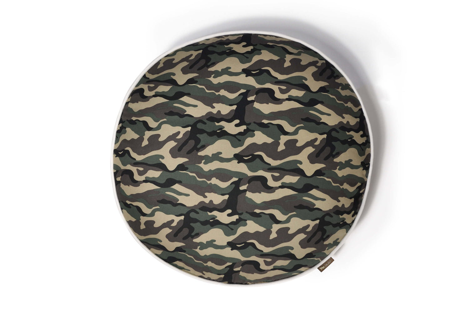 Camouflage P.L.A.Y. round pet bed for dogs and cats, perfect for home or car use.