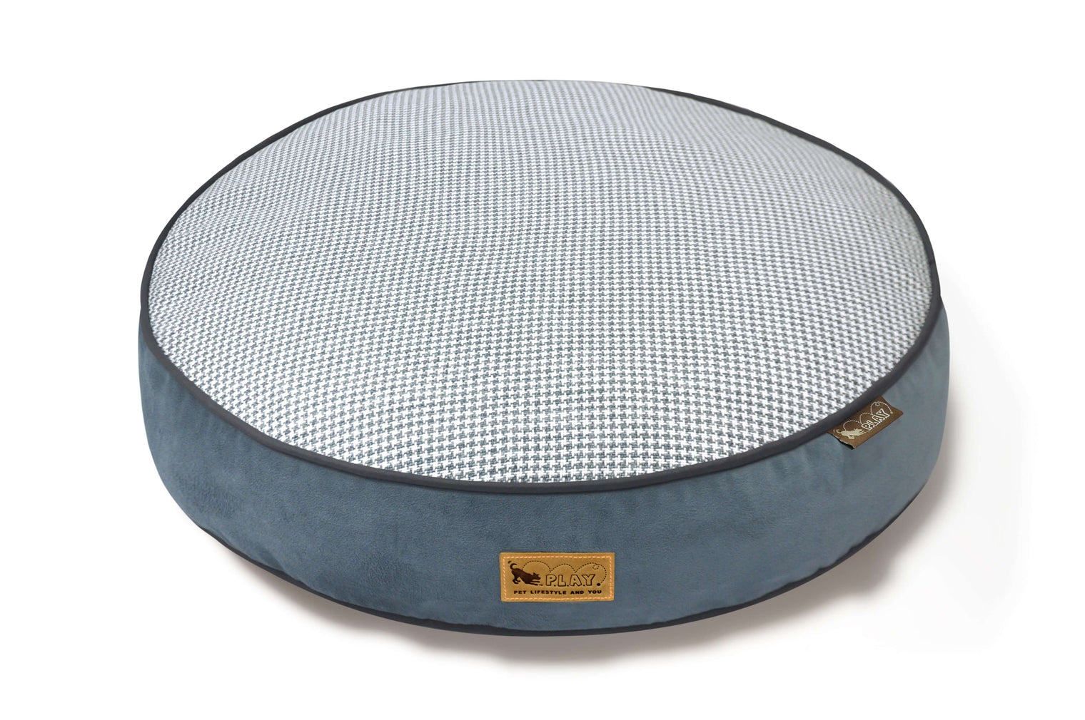 P.L.A.Y. Houndstooth Round Bed for dogs in blue with timeless houndstooth pattern, perfect for stylish and sophisticated dog naps.