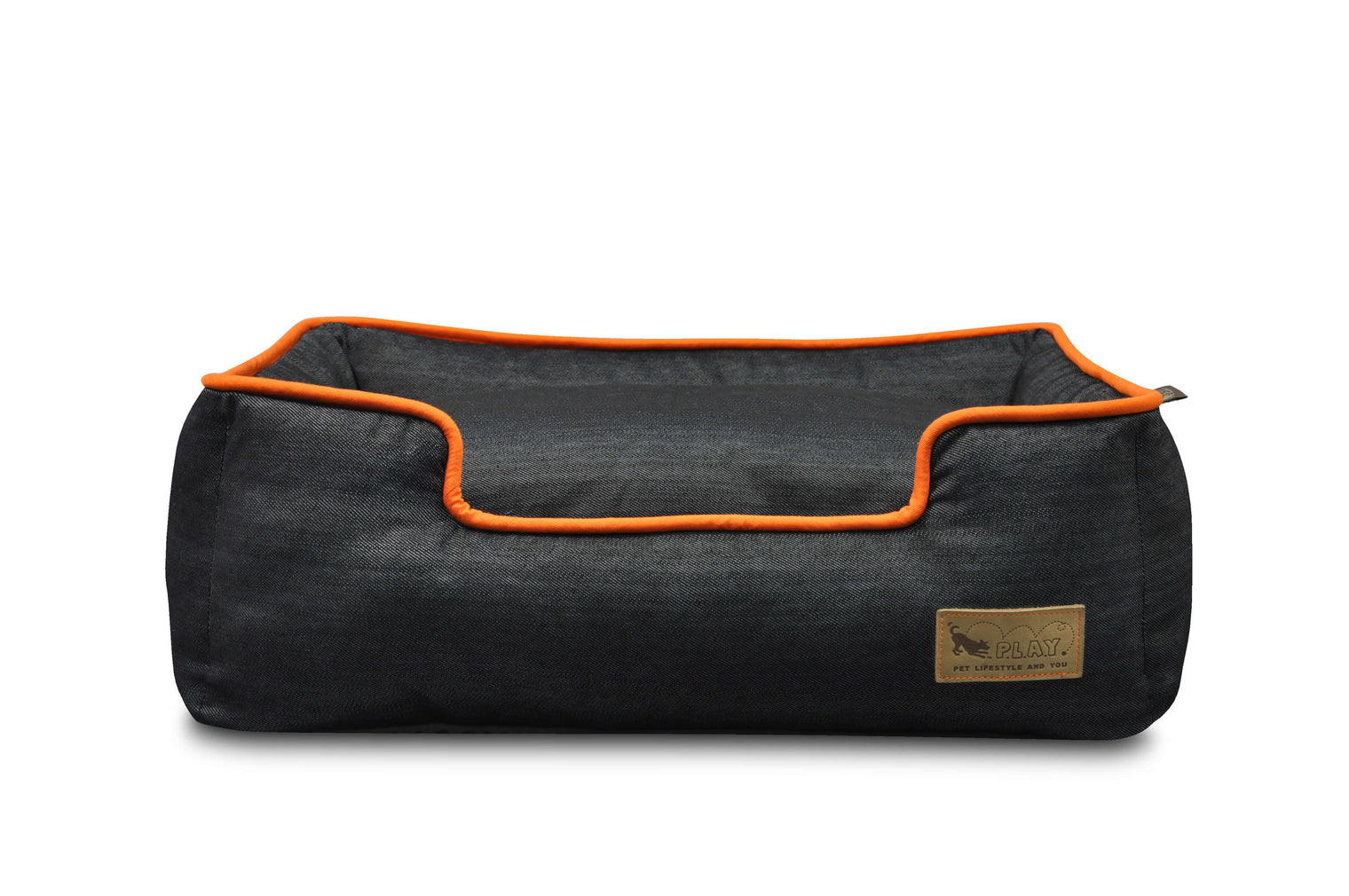 P.L.A.Y. Denim Lounge Bed with orange piping for dogs, made from soft and durable denim for everyday comfort.