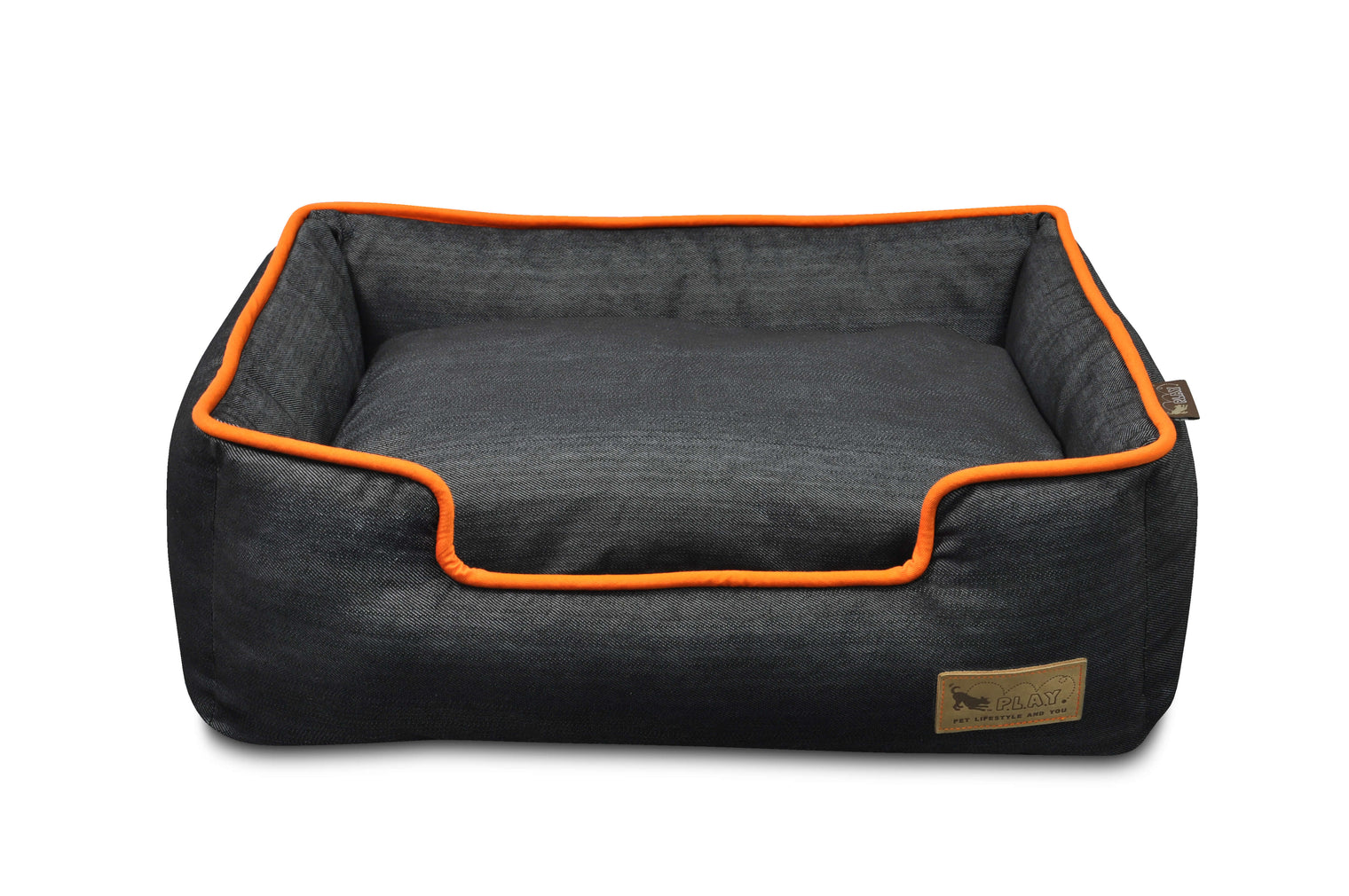 P.L.A.Y. Denim Lounge Bed with orange piping for dogs, durable and cozy fabric for comfort.