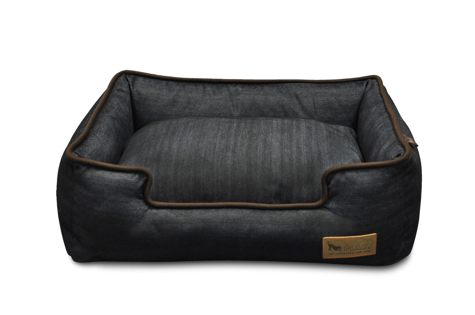 P.L.A.Y. Denim Lounge Bed with chic piping for dogs made from durable and soft denim fabric providing a cozy resting space