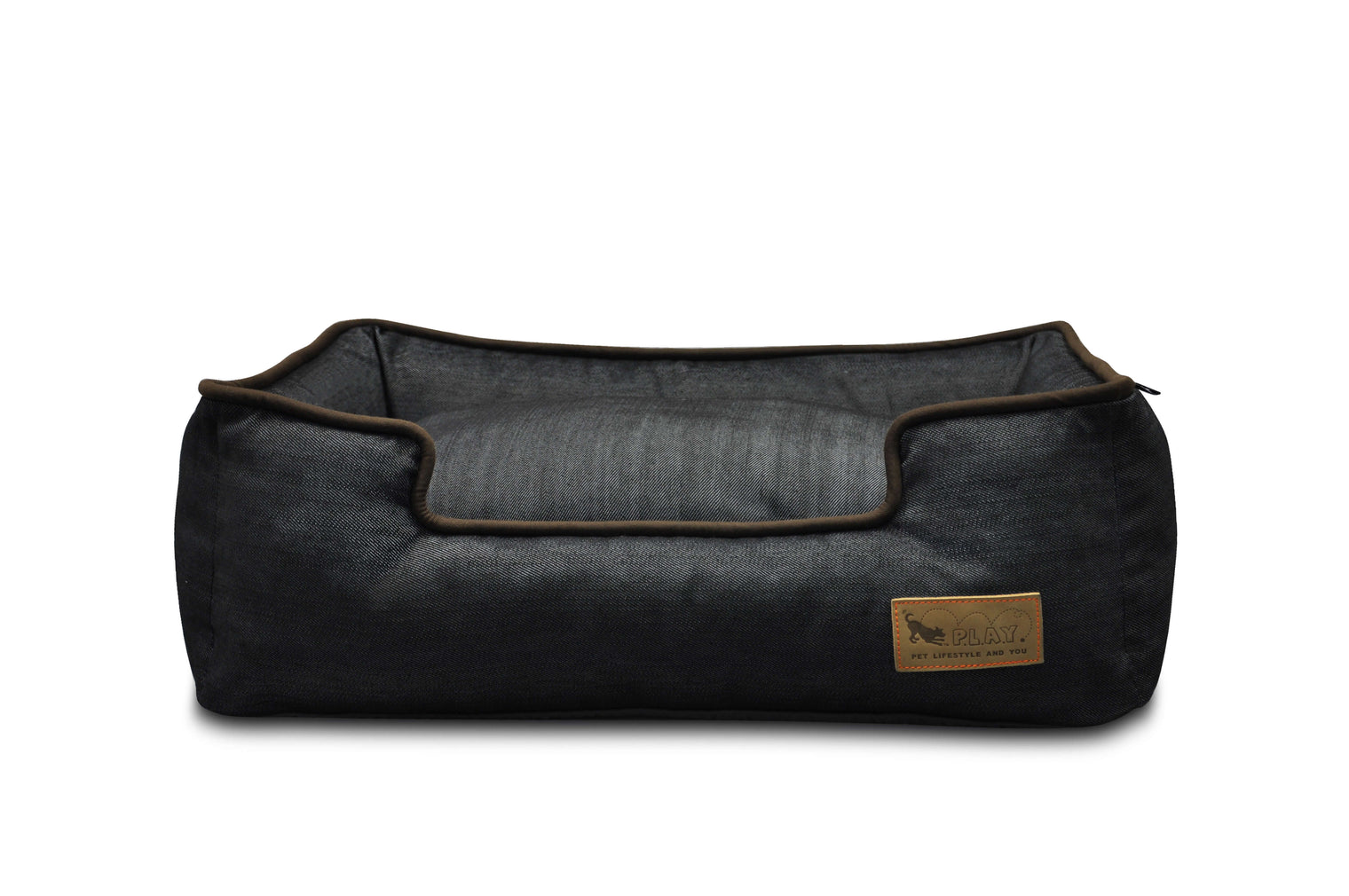 P.L.A.Y. Denim Lounge Bed, durable and soft denim dog bed with chic piping, designed for your dog's cozy everyday comfort.