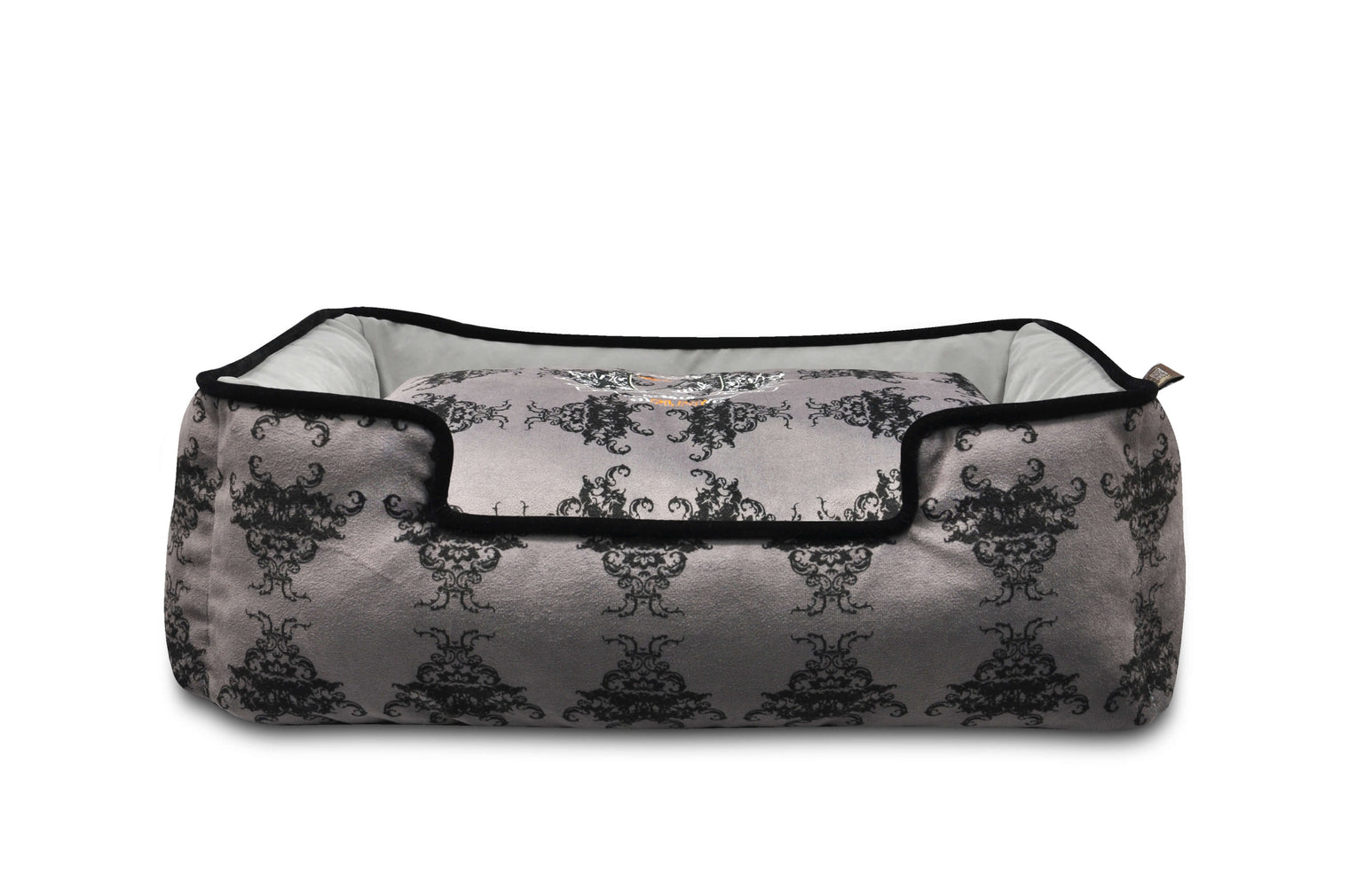 P.L.A.Y. Royal Crest Lounge Bed with Victorian-style print and plush black suede, providing luxury and comfort for dogs with reversible cushion and cover.