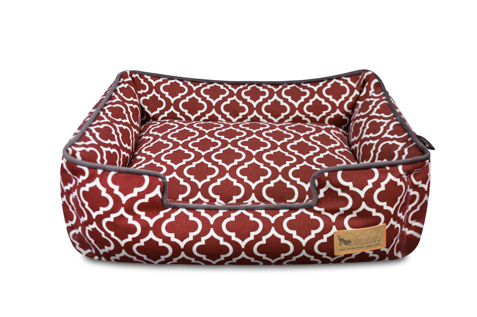 P.L.A.Y. Moroccan Lounge Bed with red and white intricate patterns made from 100% natural cotton fabric, offering comfort and elegance for dogs