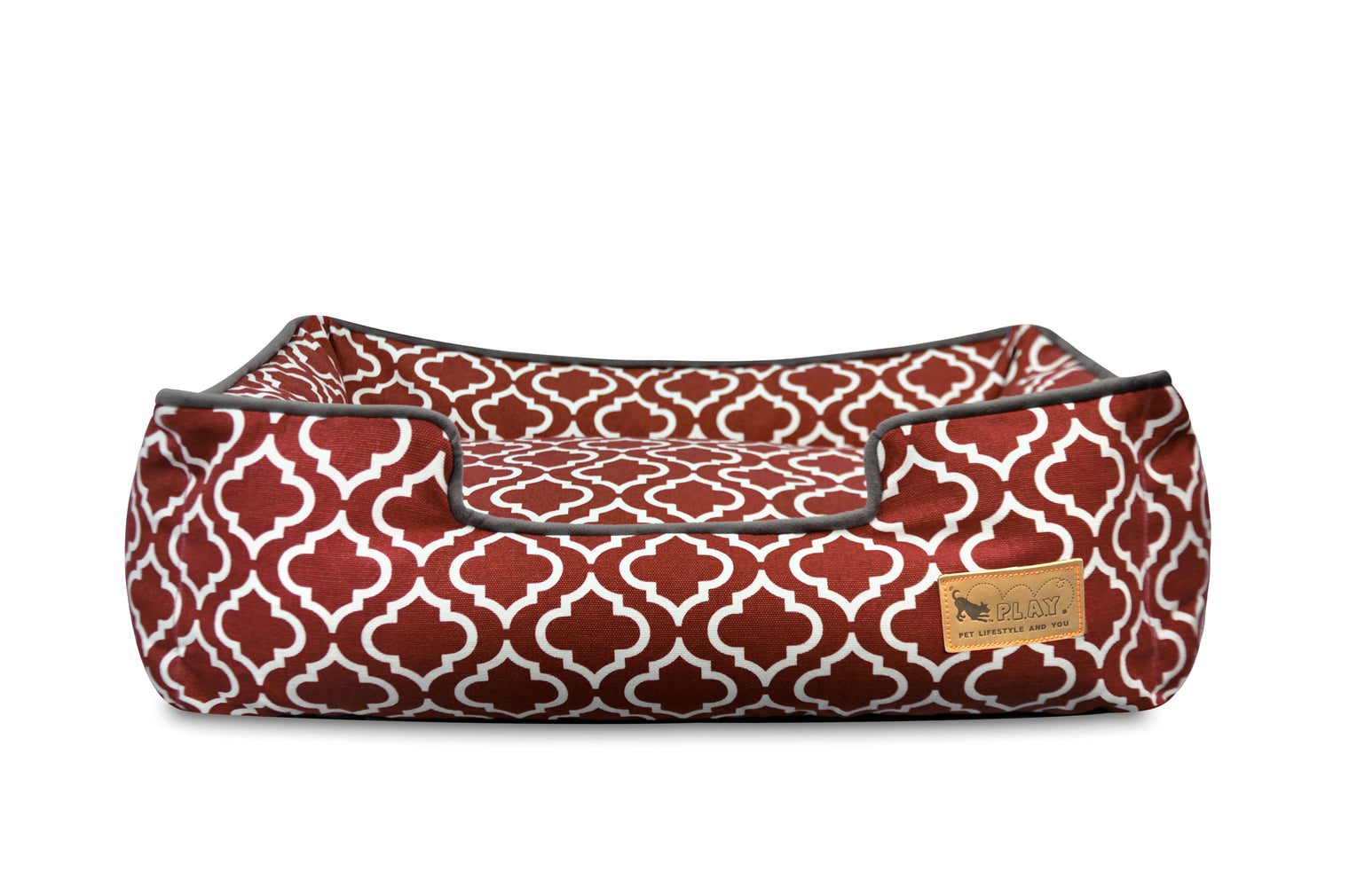P.L.A.Y. Moroccan Lounge Bed with vibrant red and white intricate patterns, perfect plush dog bed for comfort and style.