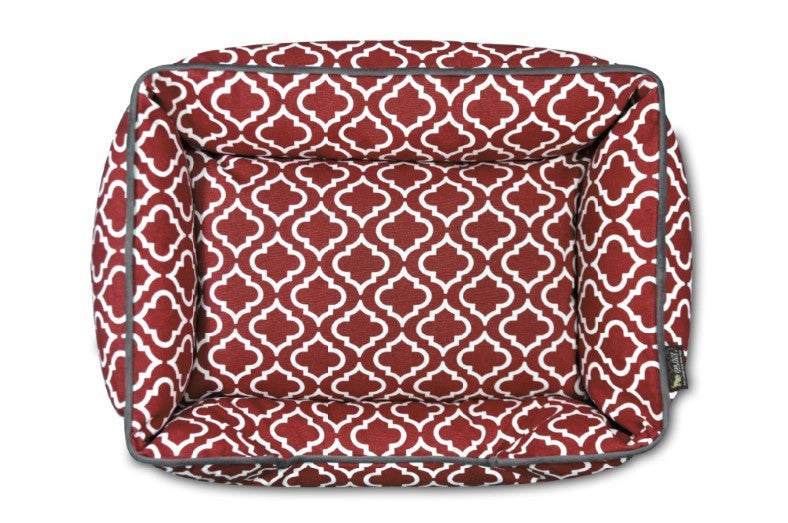 P.L.A.Y. Moroccan Lounge Bed with intricate red and white pattern, soft 100% cotton fabric, providing comfort and style for your pet.