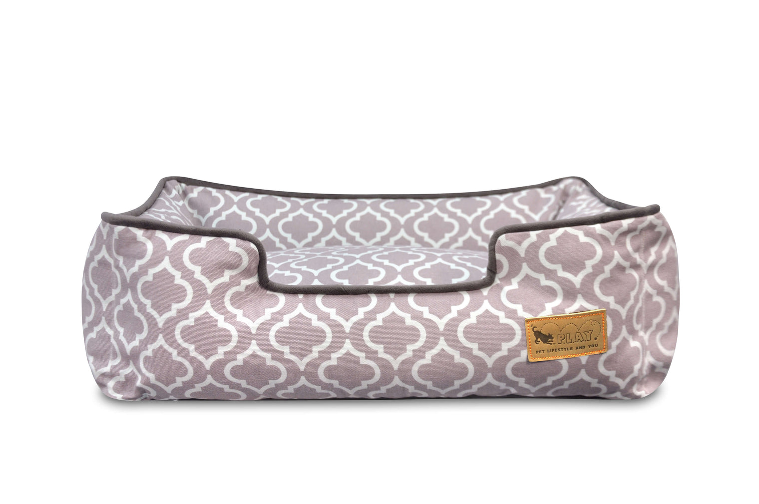 P.L.A.Y. Moroccan Lounge Bed in gray and white geometric pattern for stylish and comfortable dog lounging