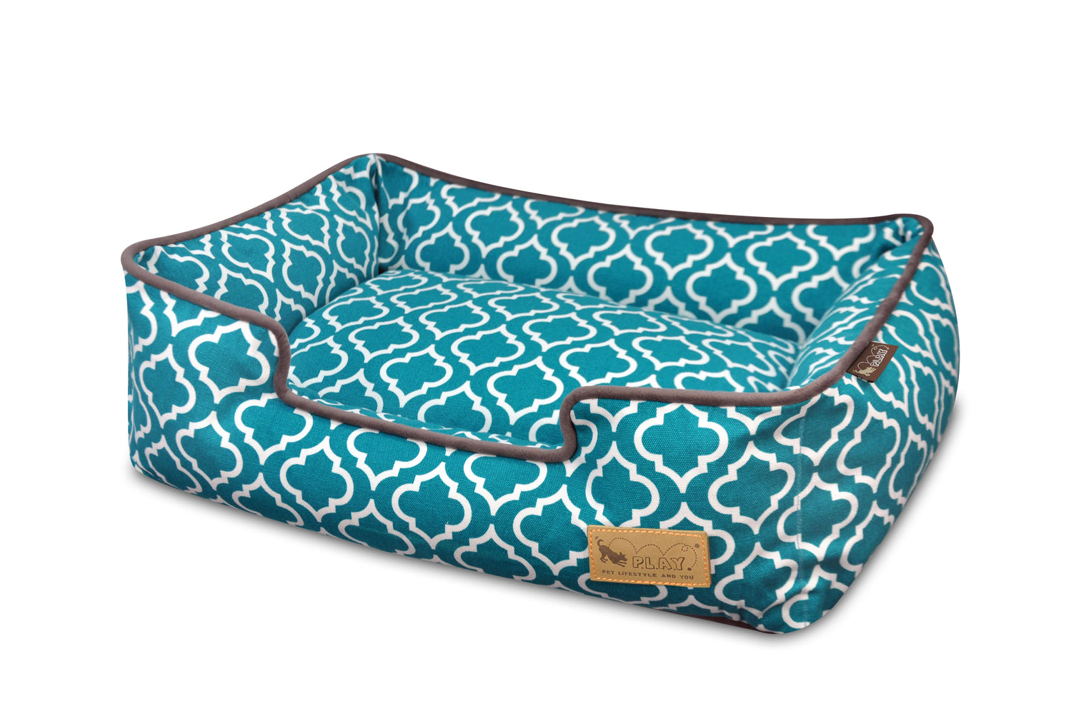 P.L.A.Y. Moroccan Lounge Bed with vibrant blue and white pattern, offering a stylish and comfortable haven for dogs
