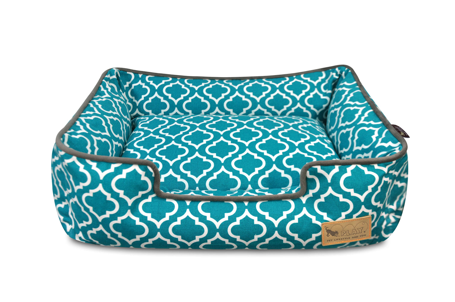 P.L.A.Y. Moroccan Lounge Bed in vibrant turquoise with intricate patterns, perfect for dog comfort, made of 100% natural cotton fabric