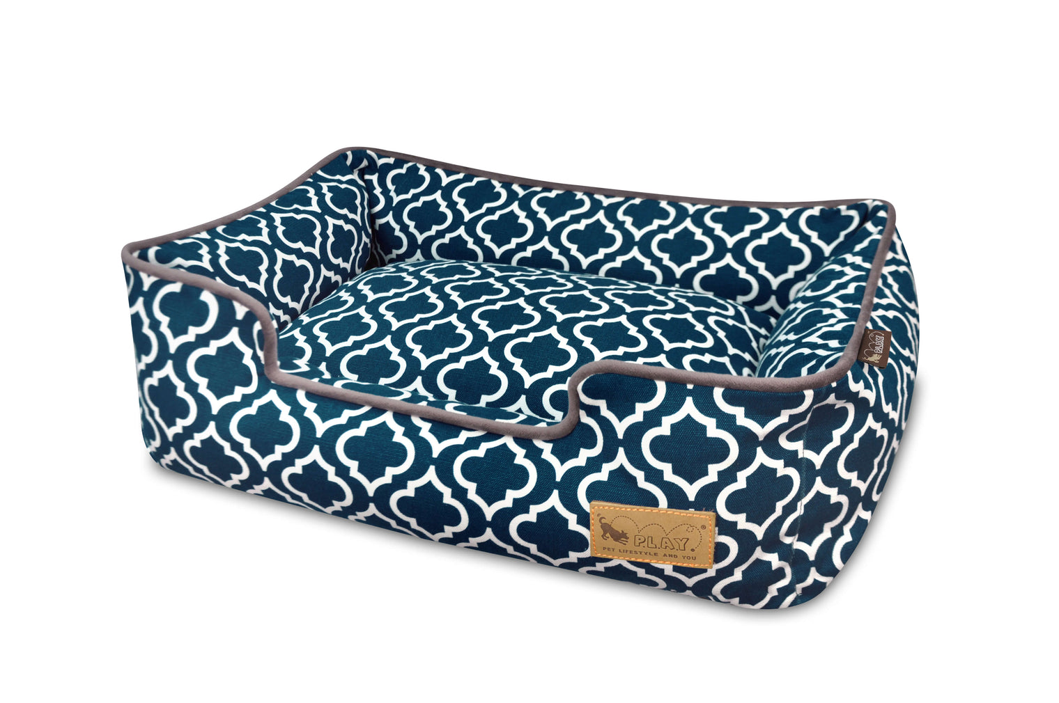 P.L.A.Y. Moroccan Lounge Bed with navy and white intricate pattern, providing a comfortable and elegant space for dogs to relax