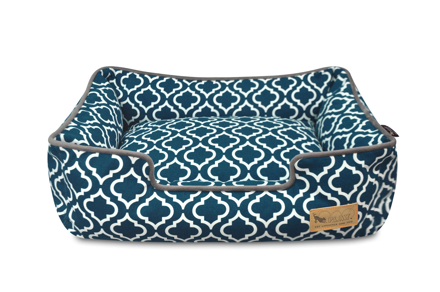 P.L.A.Y. Moroccan Lounge Bed in blue and white intricate pattern, 100% natural cotton fabric, comfortable dog bed with exotic flair
