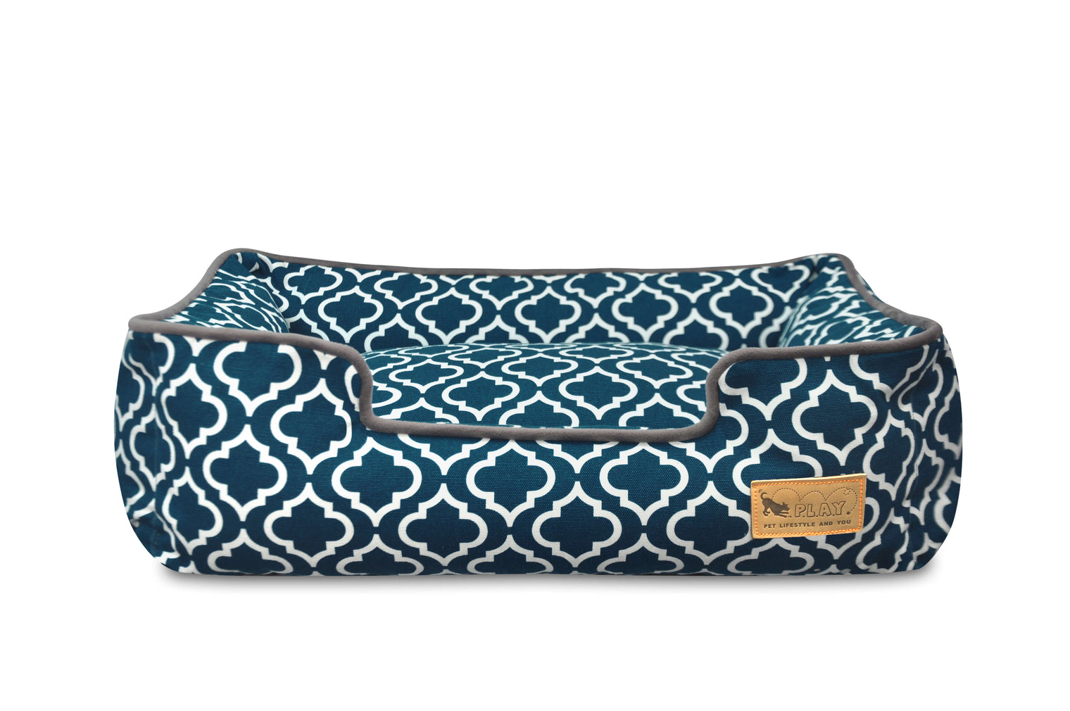 P.L.A.Y. Moroccan Lounge Bed in blue-and-white Moroccan textile pattern, elegant and comfortable dog bed made of 100% natural cotton by P.L.A.Y.