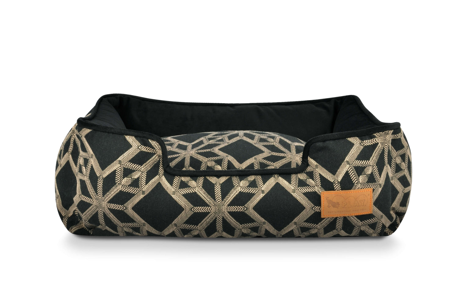P.L.A.Y. Solstice Lounge Bed with geometric patterns and high supportive sides, perfect for sunbathing or snoozing, in dark color option.