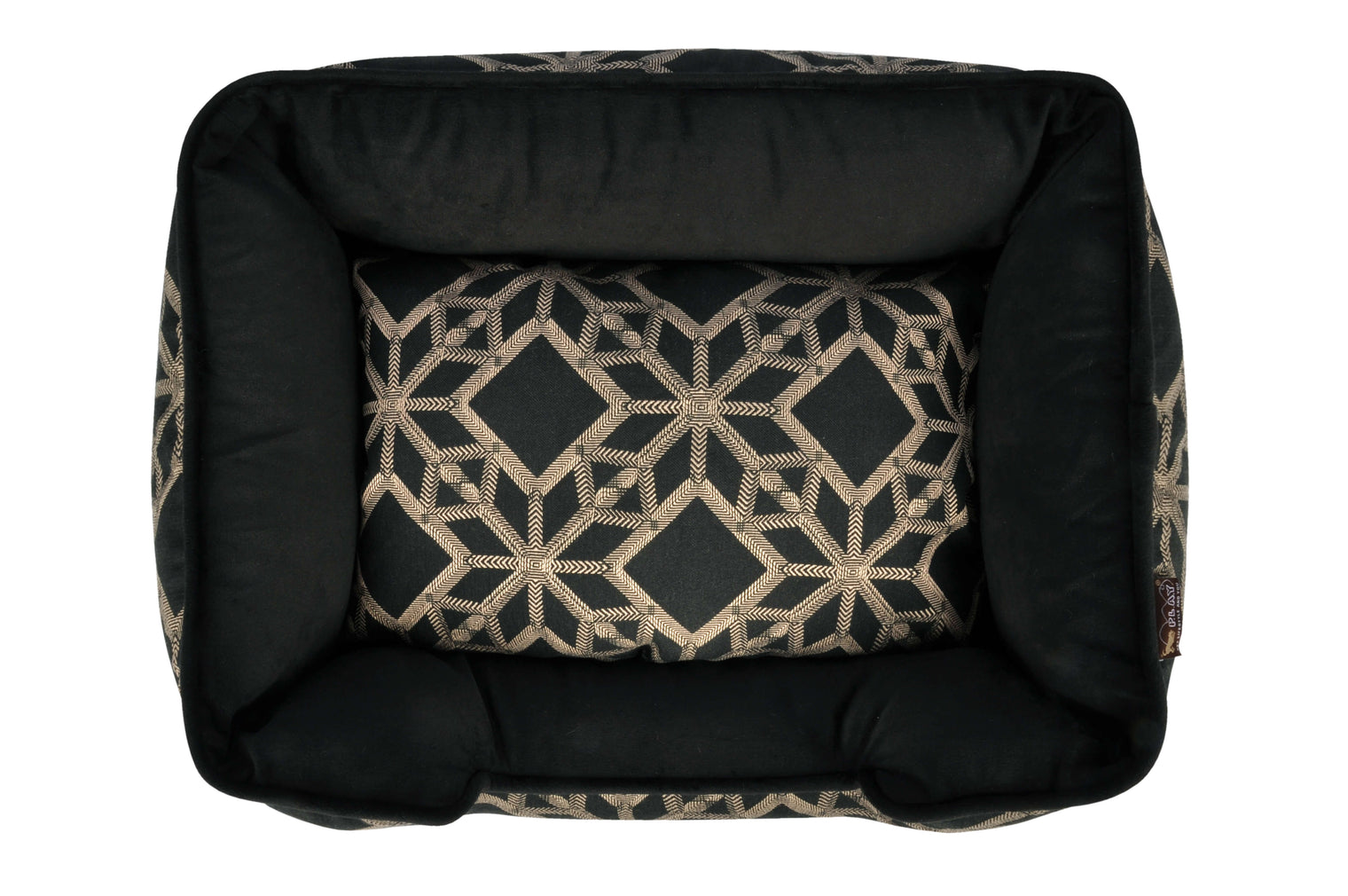 Top view of Solstice Lounge Bed with geometric patterns and high supportive sides, in black and gray color option.