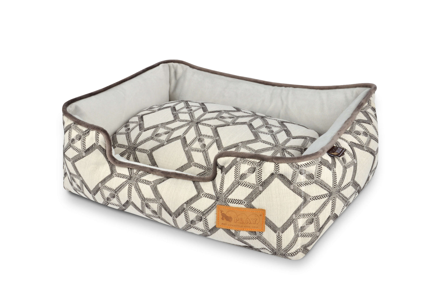 P.L.A.Y. Solstice Lounge Bed in geometric pattern with high, supportive sides for pet comfort and modern home decor styling