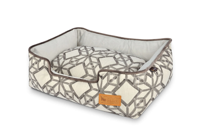 P.L.A.Y. Solstice Lounge Bed in geometric pattern with high, supportive sides for pet comfort and modern home decor styling