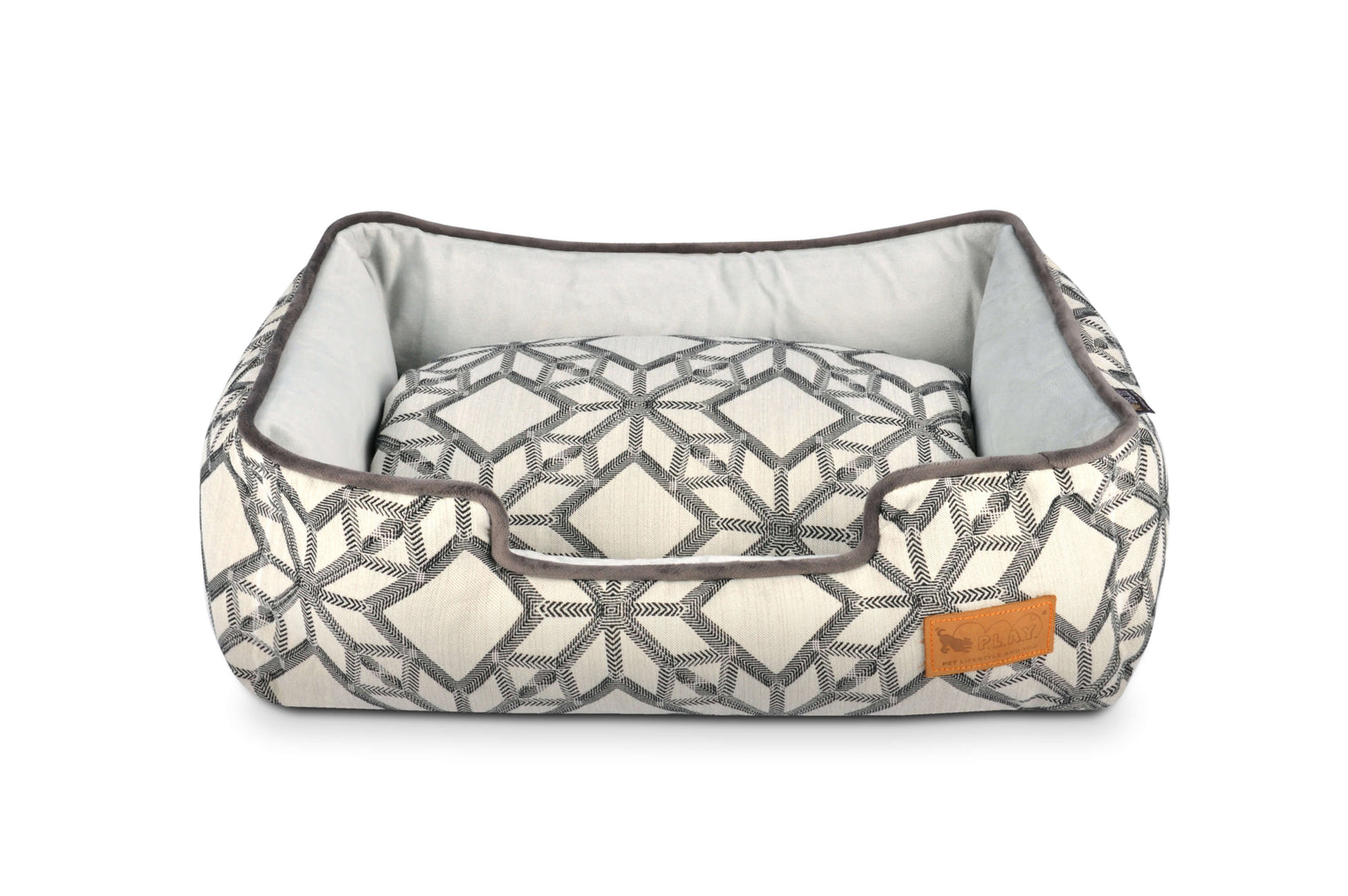 P.L.A.Y. Solstice Lounge Bed with geometric pattern in white and gray, high supportive sides, perfect for pets' sunbathing and relaxation