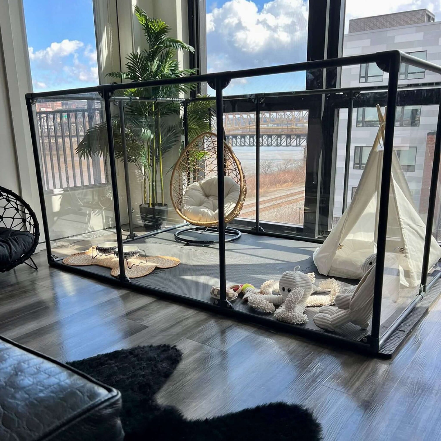 36 inch height large dog pen in gunmetal color with white pet teepee.