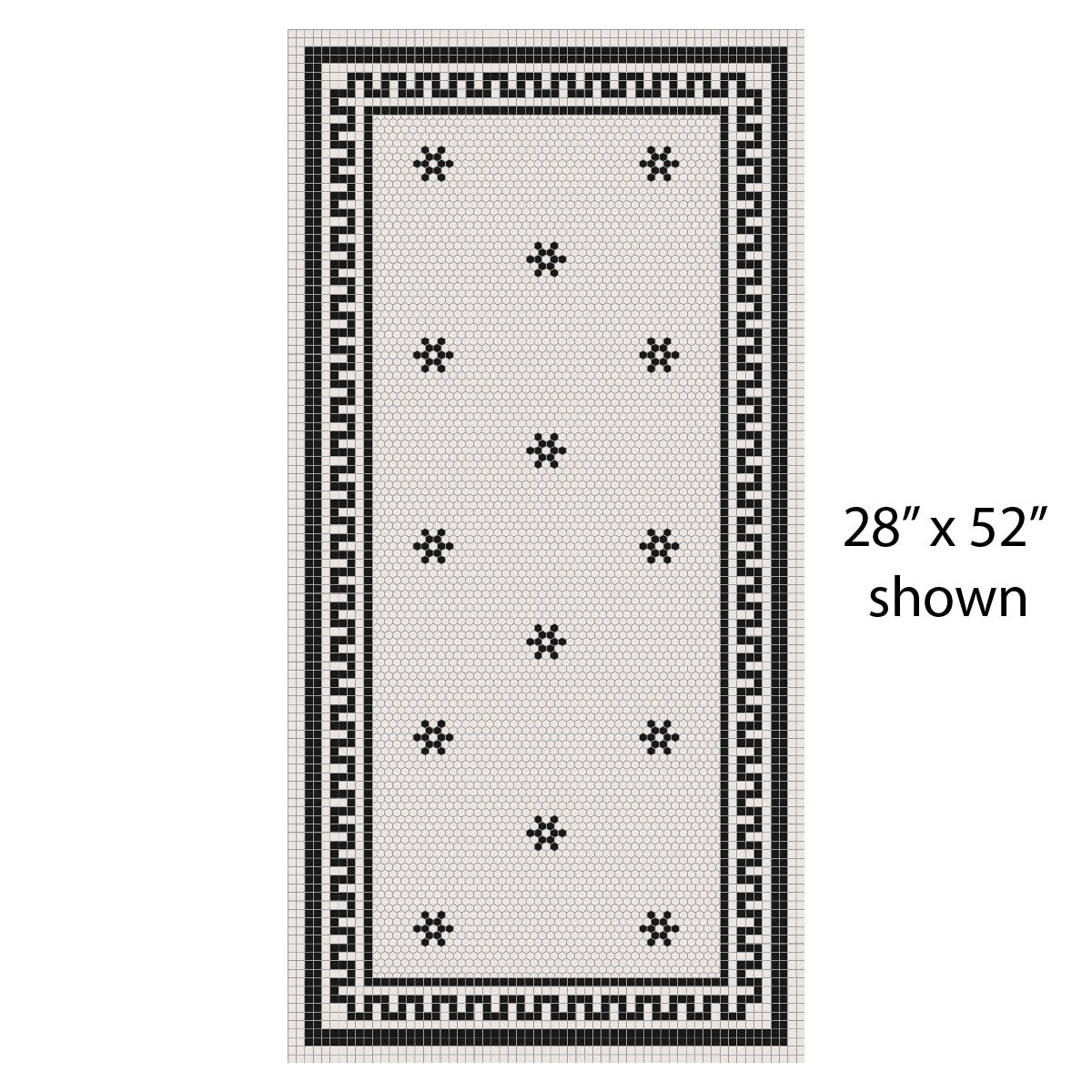 Rome vinyl mat with black and white design, custom made to order, shown in size 28"x52". Perfect for modern pet spaces.