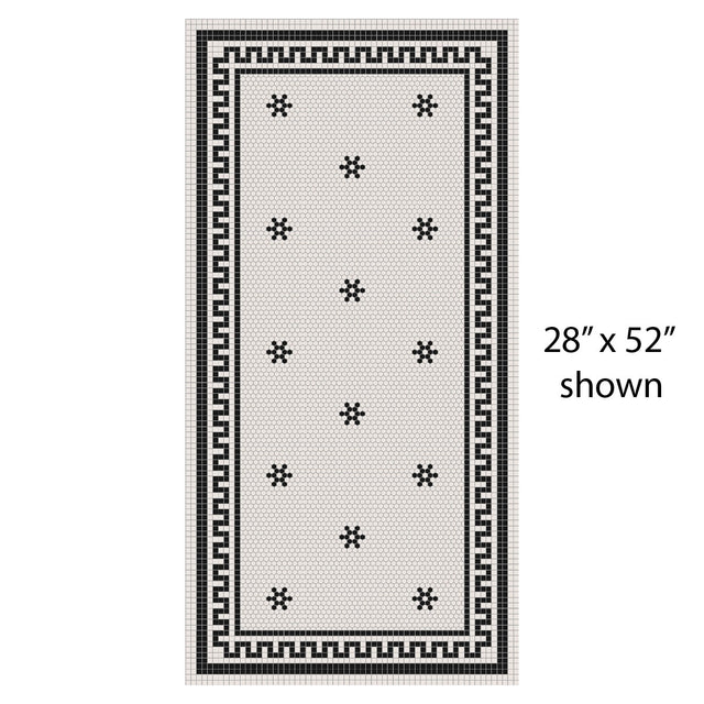 Rome vinyl mat with black and white design, custom made to order, shown in size 28"x52". Perfect for modern pet spaces.