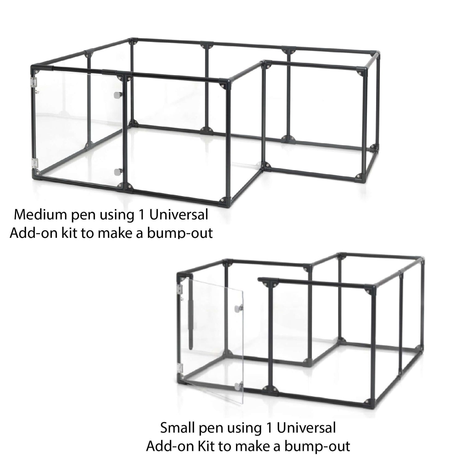 Medium and Small Pet enclosures featuring the Lucidium Pen Universal Add-On Kit used as a bump out