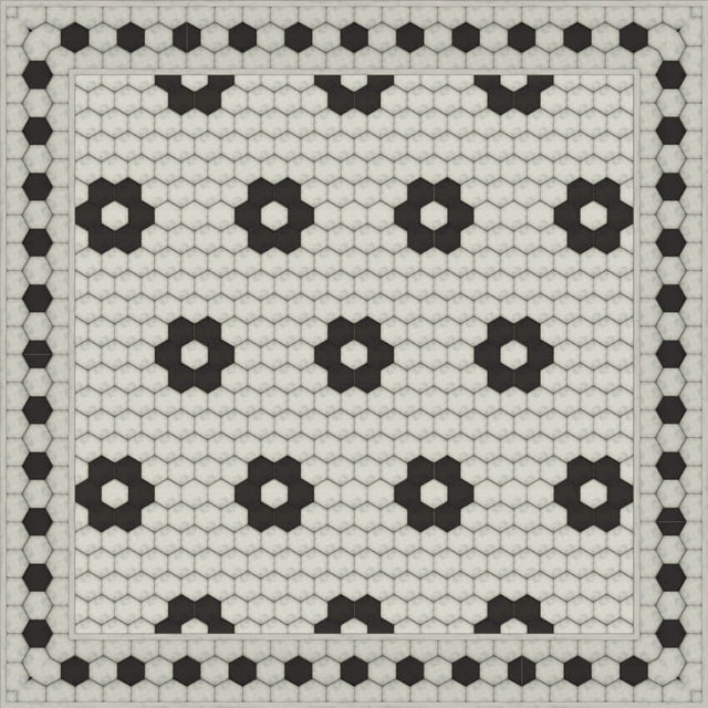 Siena Vinyl Mat with classic mosaic tile design in black and white, custom made to order for pet enclosures.