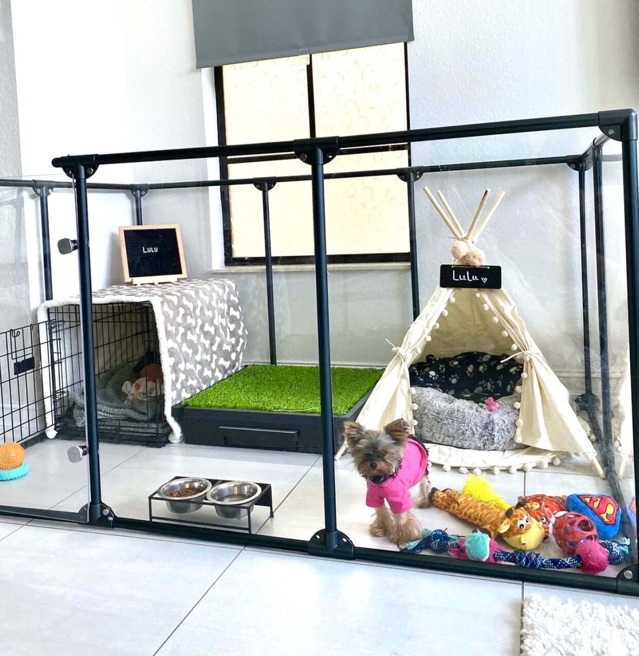 36 inch height large dog pen in gunmetal color with small dog, crate, teepee and pee pad.