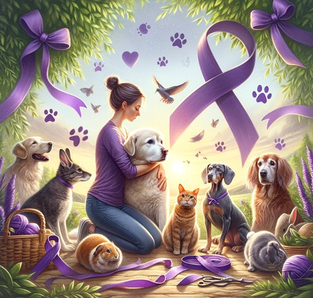Illustration of Woman with many dogs and purple ribbons