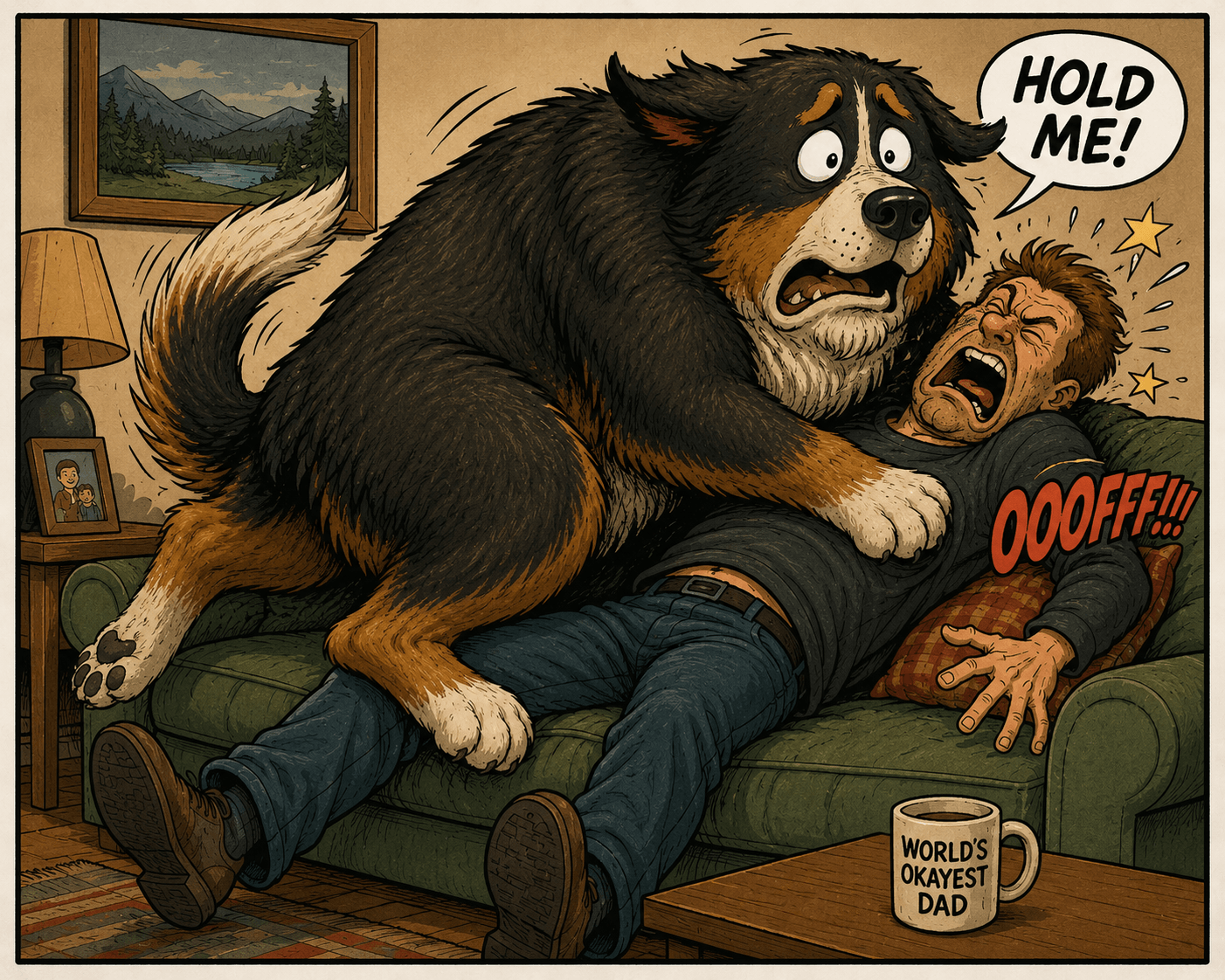 Cartoon showing large dog on owners lap and panicking