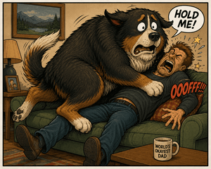 Cartoon showing large dog on owners lap and panicking