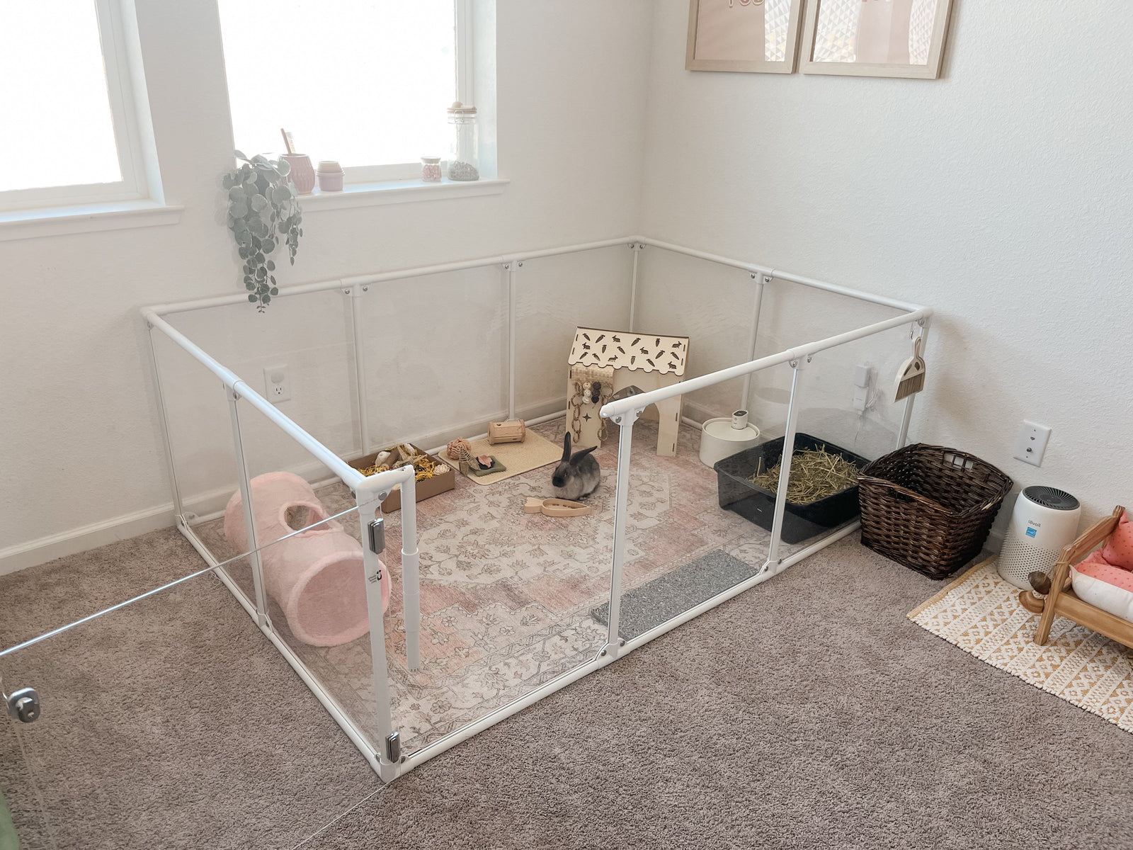 White rabbit enclosure in corner of room