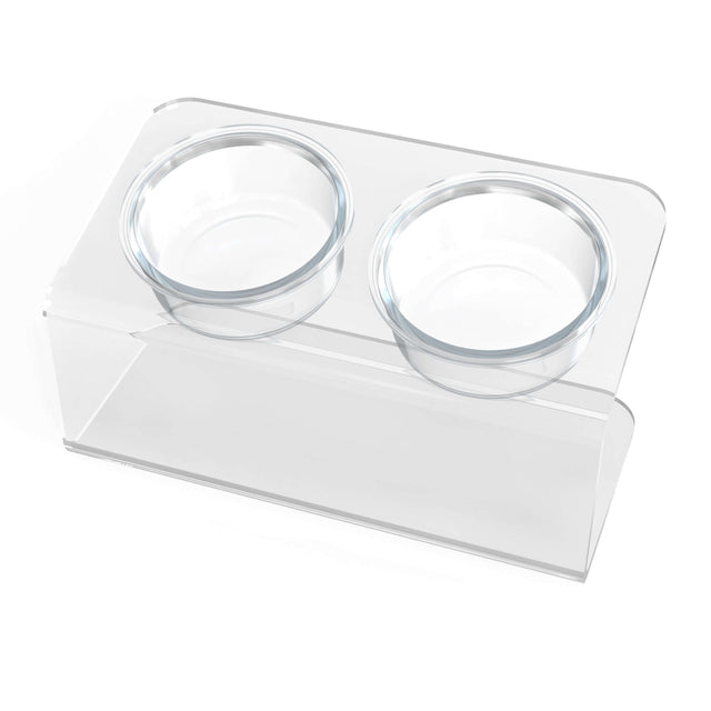 Modern Acrylic Glass Bowl Feeders, Angled Style, Double Bowl - (Unused Return)