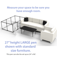  27 inch height large dog pen shown next to standard size living room furniture