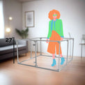 27 inch height medium dog pen in silver color shown relative to adult human