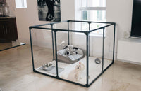  36 inch height medium dog pen in gunmetal color with small white dog in modern apartment.
