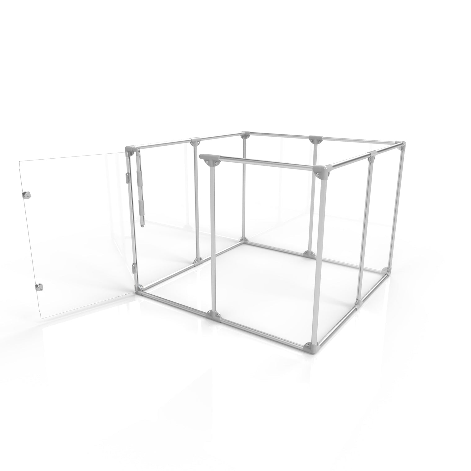  36 inch height medium dog pen in silver color with walk-through door open