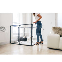36 inch height medium dog pen in gunmetal color with walk through door
